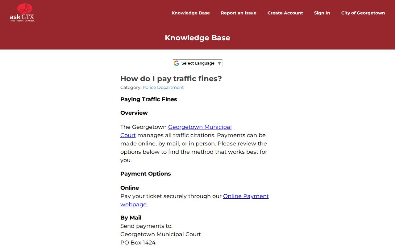Georgetown court docket citation and payment instructions