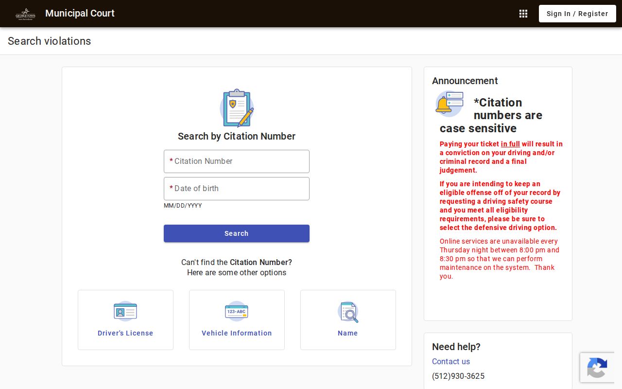 Georgetown court docket portal with citation, license, vehicle, and name search