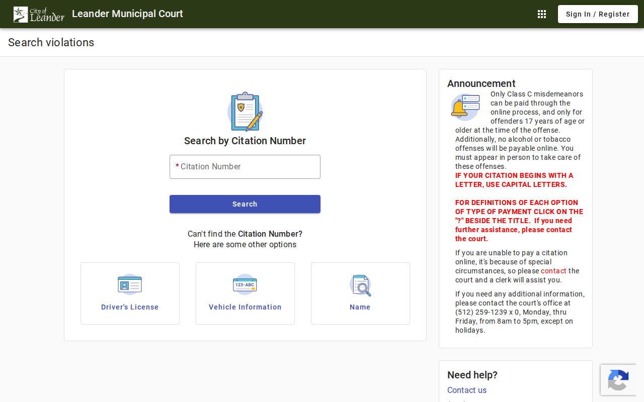 Leander court docket citation, license, vehicle, and name search modes